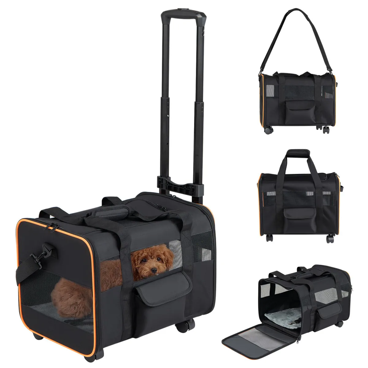 Black rolling pet carrier with orange trim and its handle raised, a small dog inside, plus three smaller views: with the shoulder strap, from the front, and with the front door open
