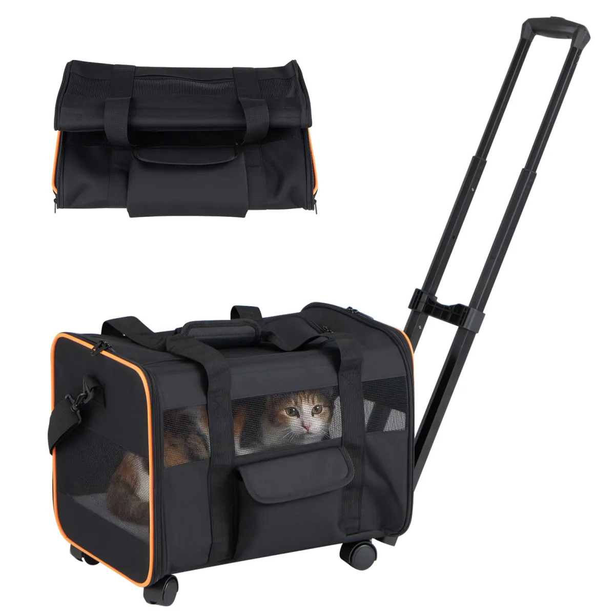 The carrier folded flat, and the same carrier standing on its wheels with a cat inside