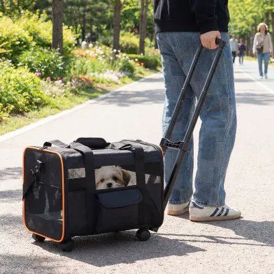 Person pulling the rolling carrier along a park path with a small dog looking out of the front
