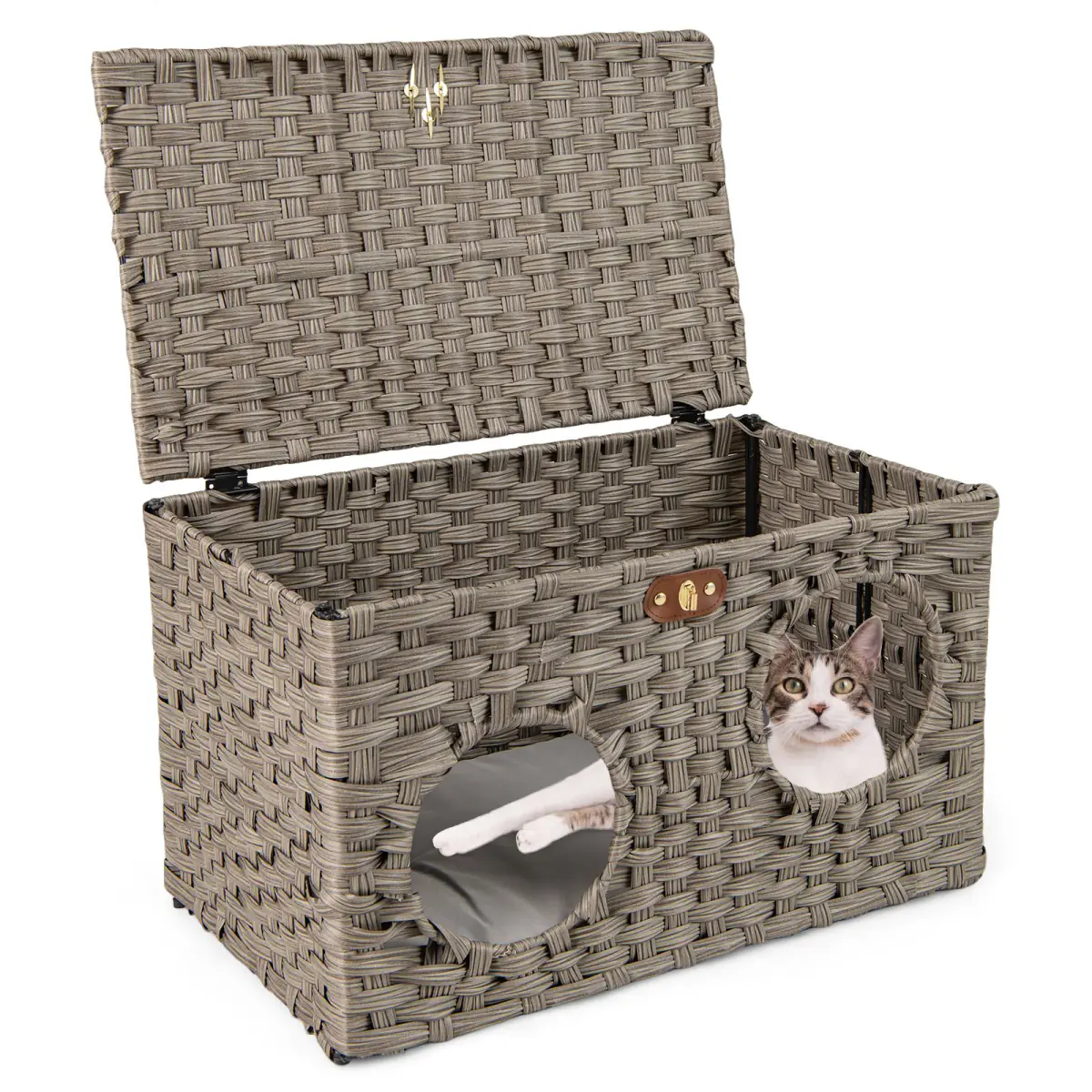 Woven cat hideaway with the lid lifted, a tabby and white cat looking out of one entrance