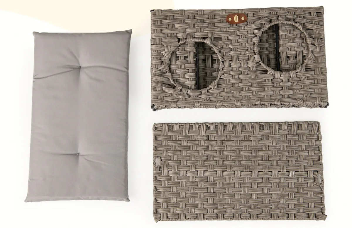 The hideaway taken apart: grey cushion, front panel with two entrances and the base panel