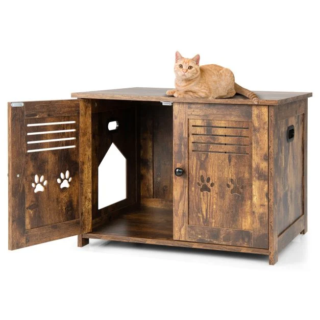Rustic brown cat litter cupboard with open louvred doors