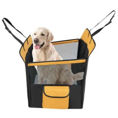 Black dog car-seat cover with yellow trim and mesh panels