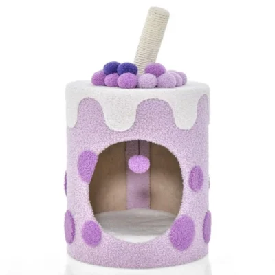 Purple and white bubble-tea cat hideaway with scratching post
