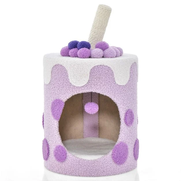 Purple and white bubble-tea cat hideaway with scratching post