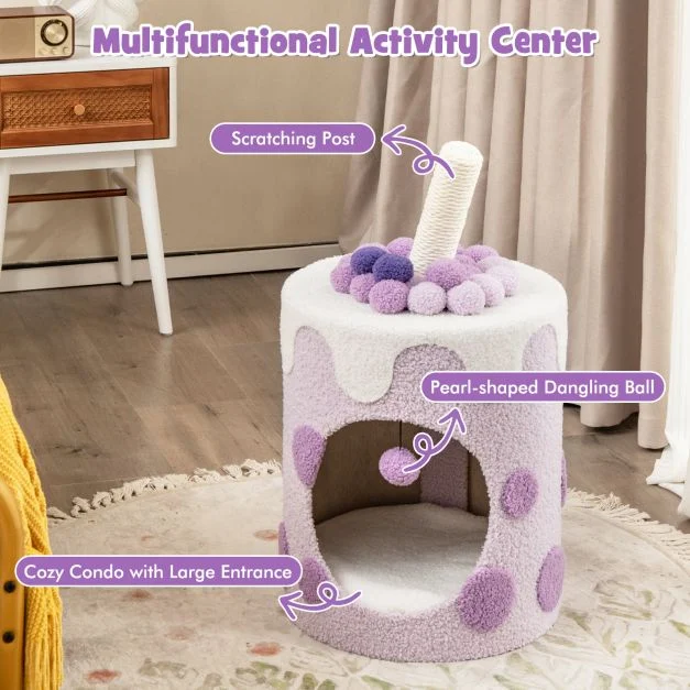 Cat hideaway scratching post, opening and hanging ball