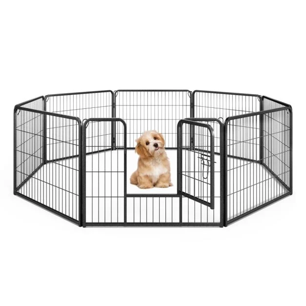 Black eight-panel pet playpen with opening gate