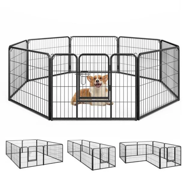 Pet playpen shown in alternative arrangements