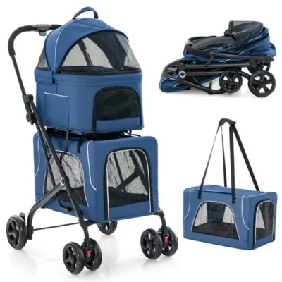 Blue double pet stroller with detachable carriers and folded frame
