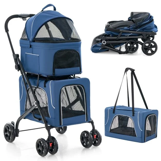 Blue double pet stroller with detachable carriers and folded frame