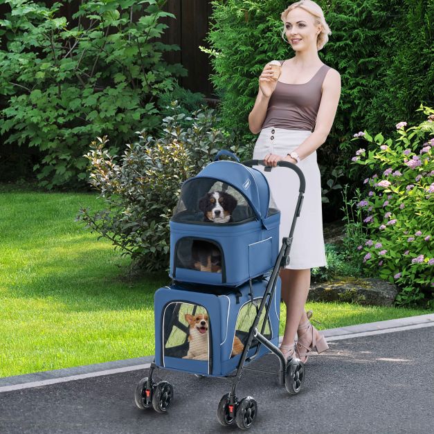 Blue double pet stroller outdoors