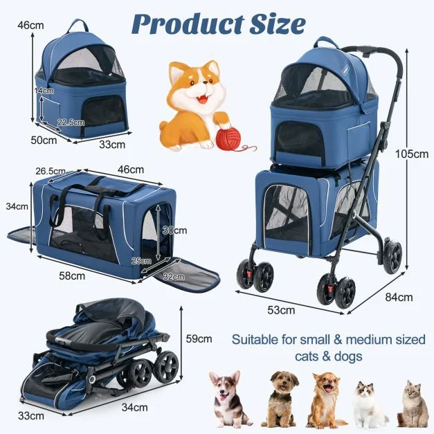 Blue double pet stroller and carrier dimensions