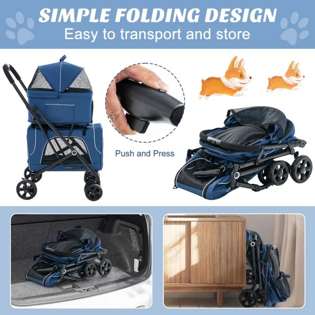 Blue pet stroller folding mechanism and folded frame