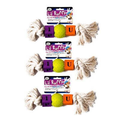 Three Four Paws Lil Ruff Ball, Block and Rope dog toys; colours may vary