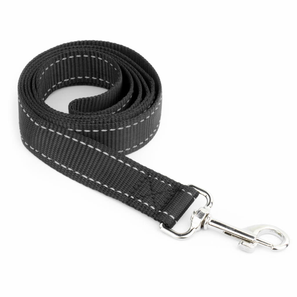 Black KCT nylon dog lead with reflective stitching and metal clip