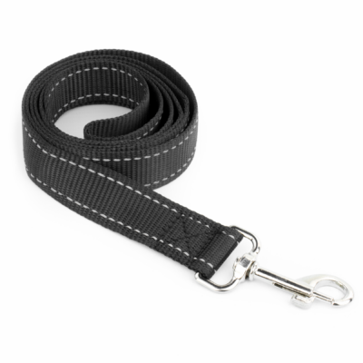 Black KCT nylon dog lead with reflective stitching and metal clip